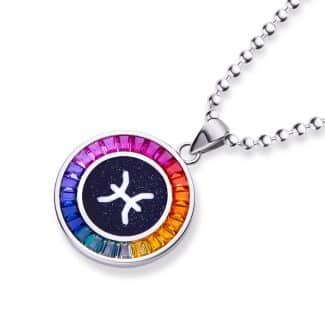 双鱼座彩虹色合成宝石十二星座项链S925银镀白金 AS12O 02