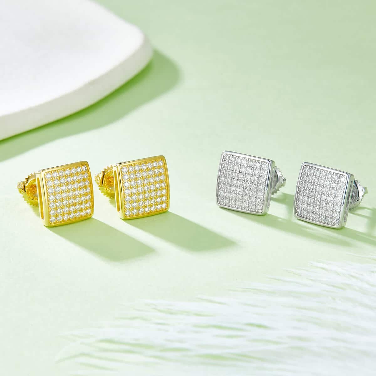 方形弧面S925银D级莫桑钻厘石螺纹耳钉 J016A 05