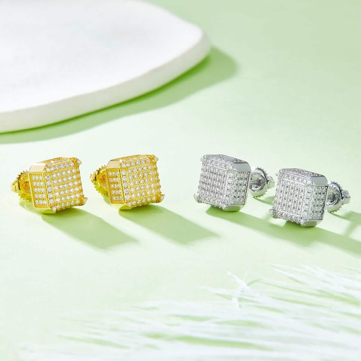 方形侧镶S925银D级莫桑钻厘石螺纹耳钉 J020A 05