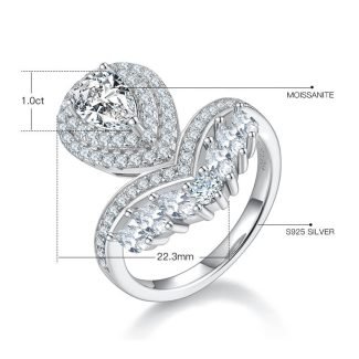 V字珍珠水滴S925银镀白金1克拉D级彩色莫桑钻女戒 M99F 02